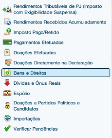 Interface da Declaração de Imposto de Renda mostrando a seção 'Bens e Direitos' destacada